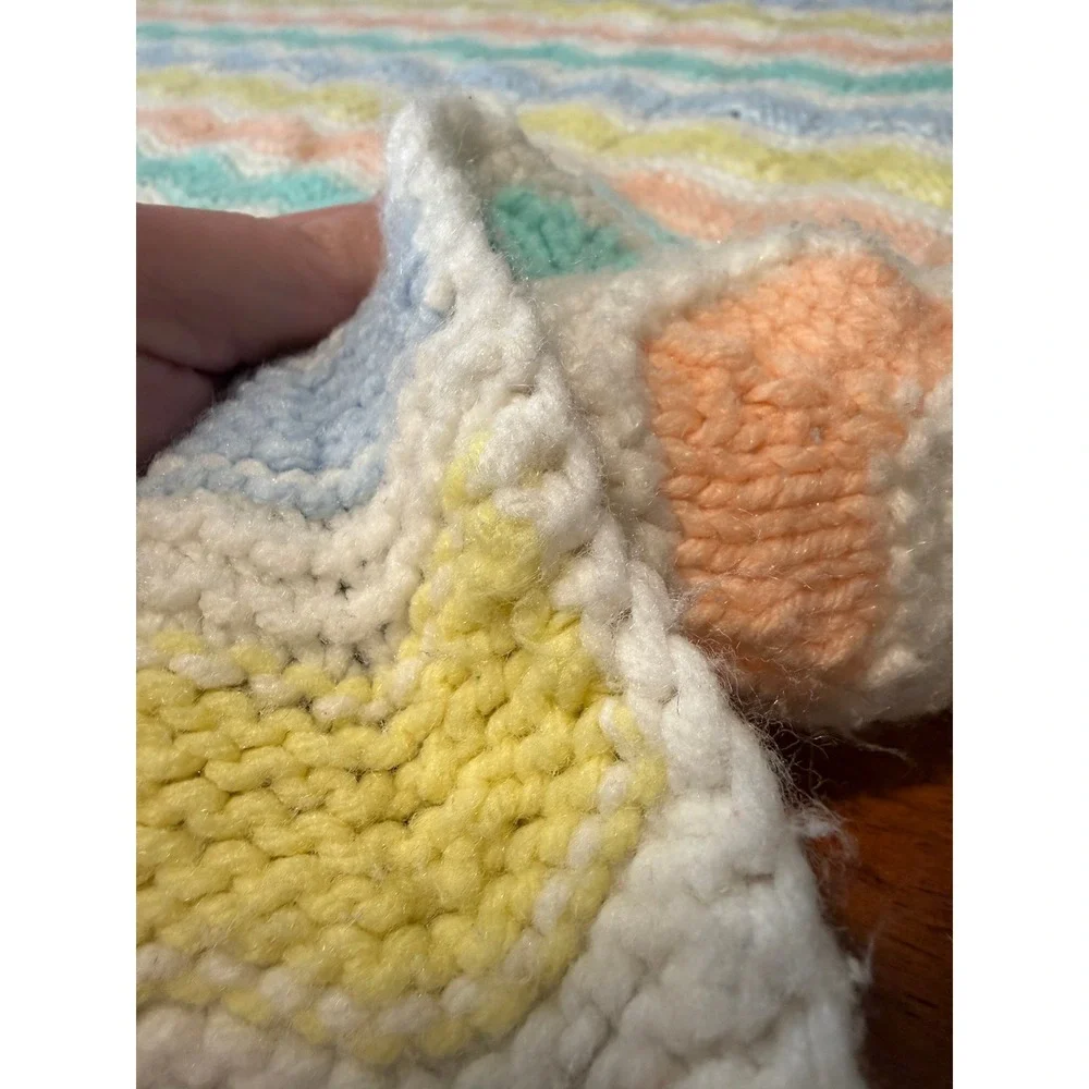 Handmade Pastel Chevron Knit Baby Blanket Blue‎ Yellow 37 x 37 Afghan VTG ZigZag